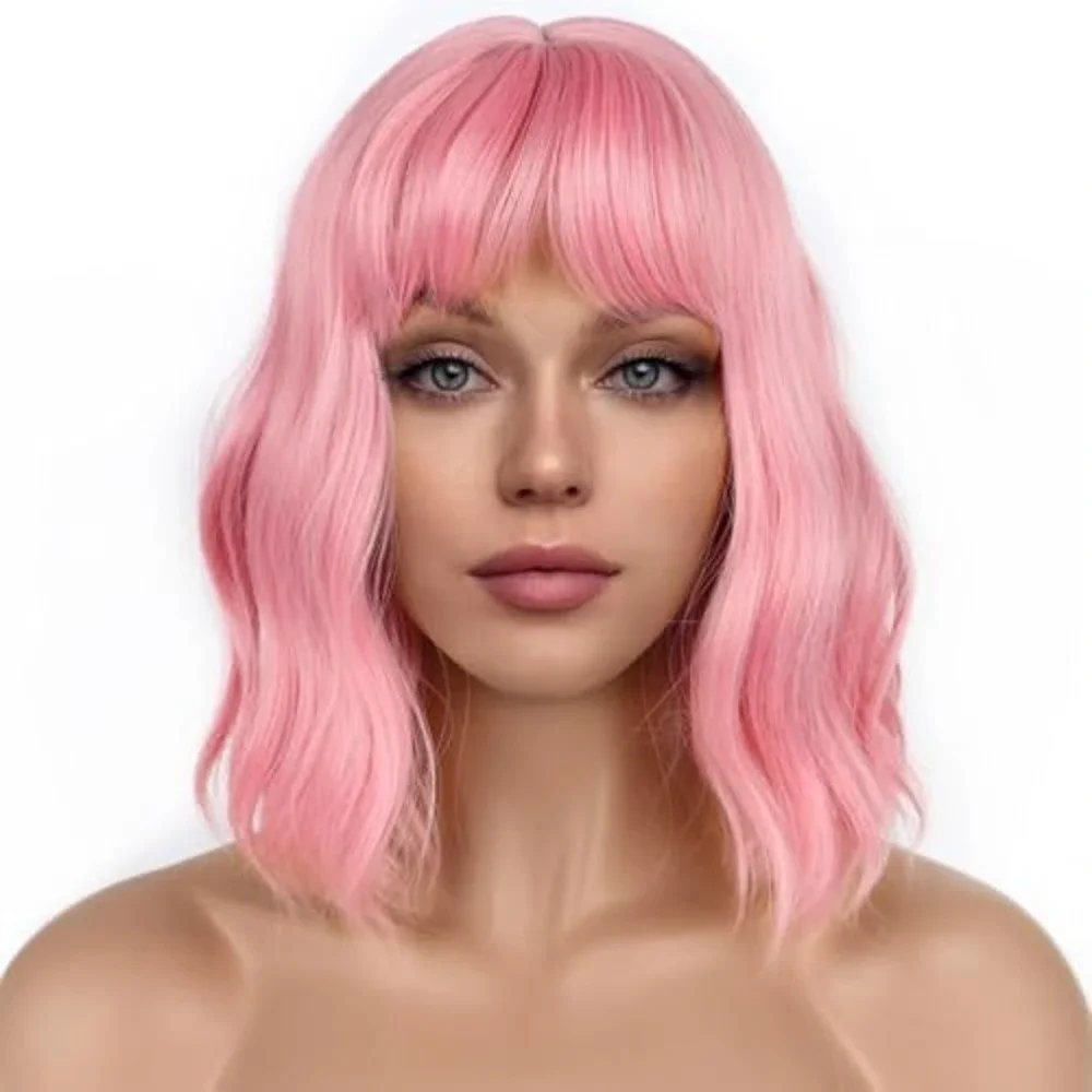 Pink Wavy‎ Bob Wig with Bangs Synthetic Heat Resistant Shoulder Length Cosplay